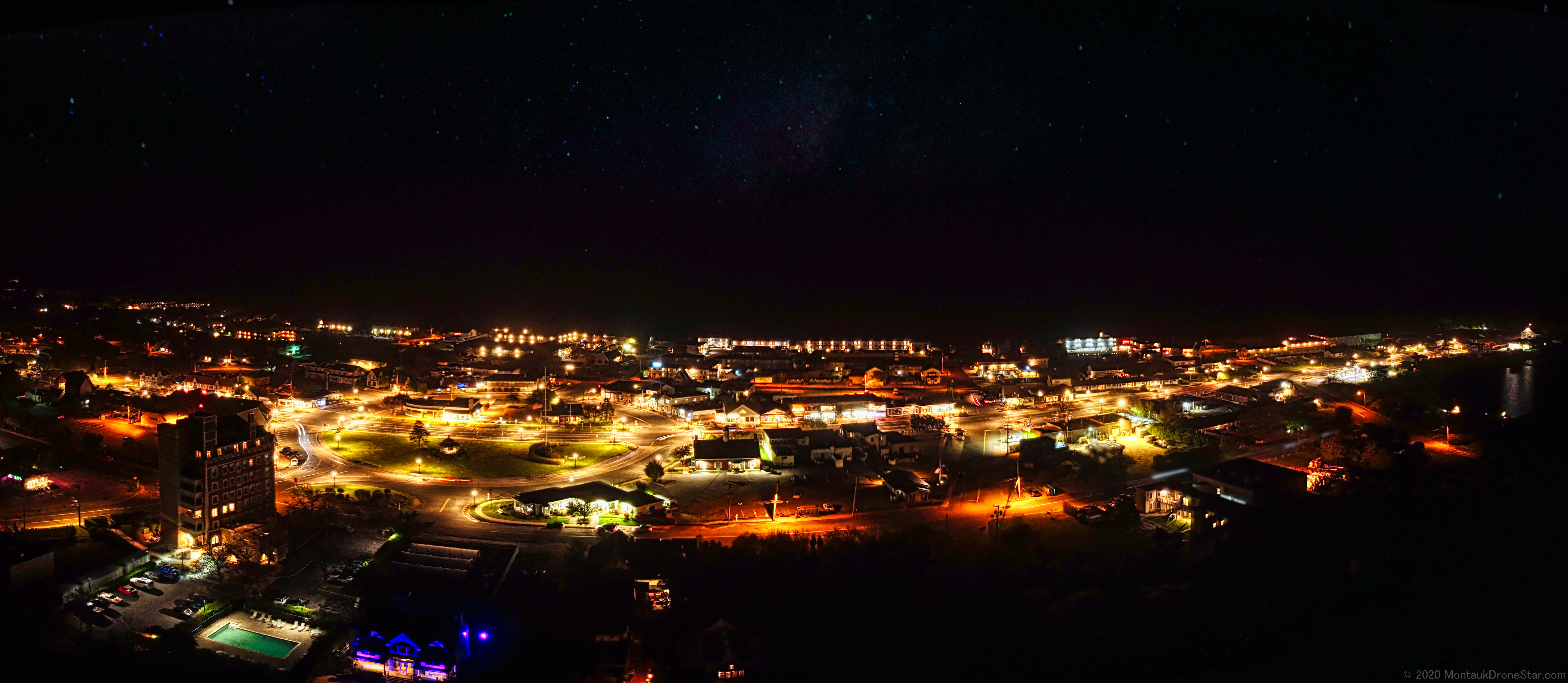 Montauk Beach drone photo showing the village of Montauk, NY