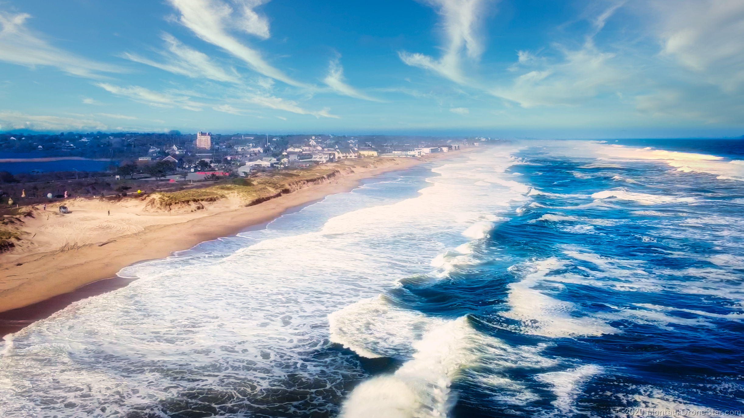 Montauk Beach drone photo showing the village of Montauk, NY
